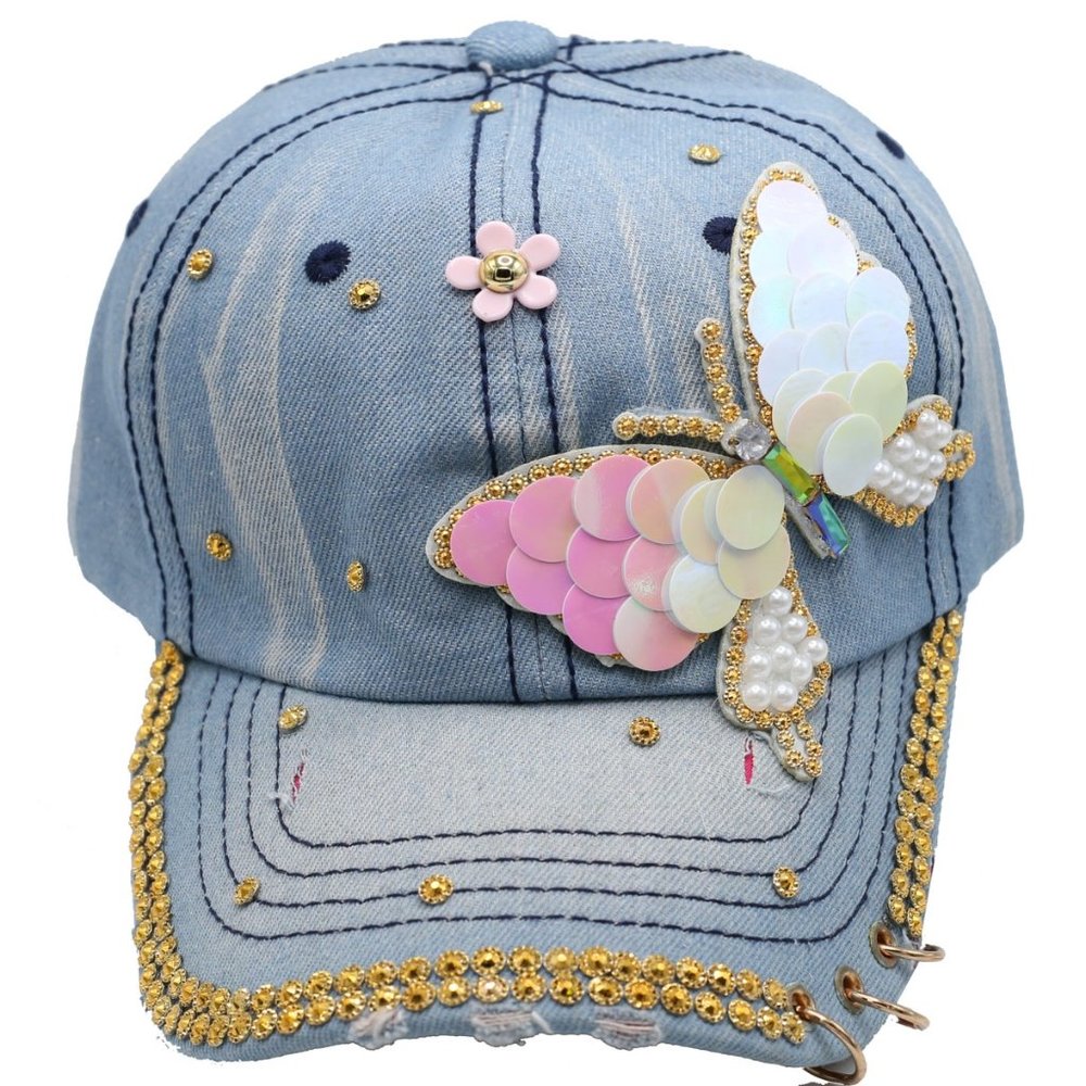 Ball Cap Hat BUTTERFLY Denim Jean Sparkling Yellow Rhinestones White Pearls NWT